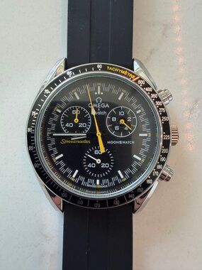 Moonswatch MOD with black and yellow bezel and rubber strap